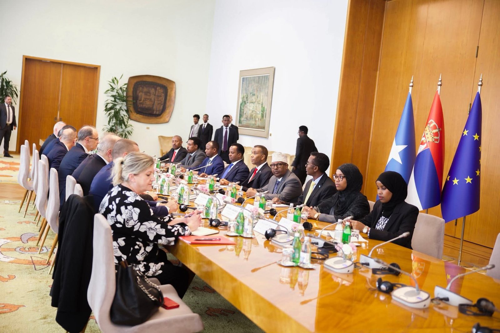 Deputy Minister Mohamed Jibril with PM Hamza Abdi Barre during Somalia-Serbia bilateral meeting in Belgrade.